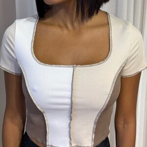 SHEIN White and Tan Asymmetrical Fitted Crop Top